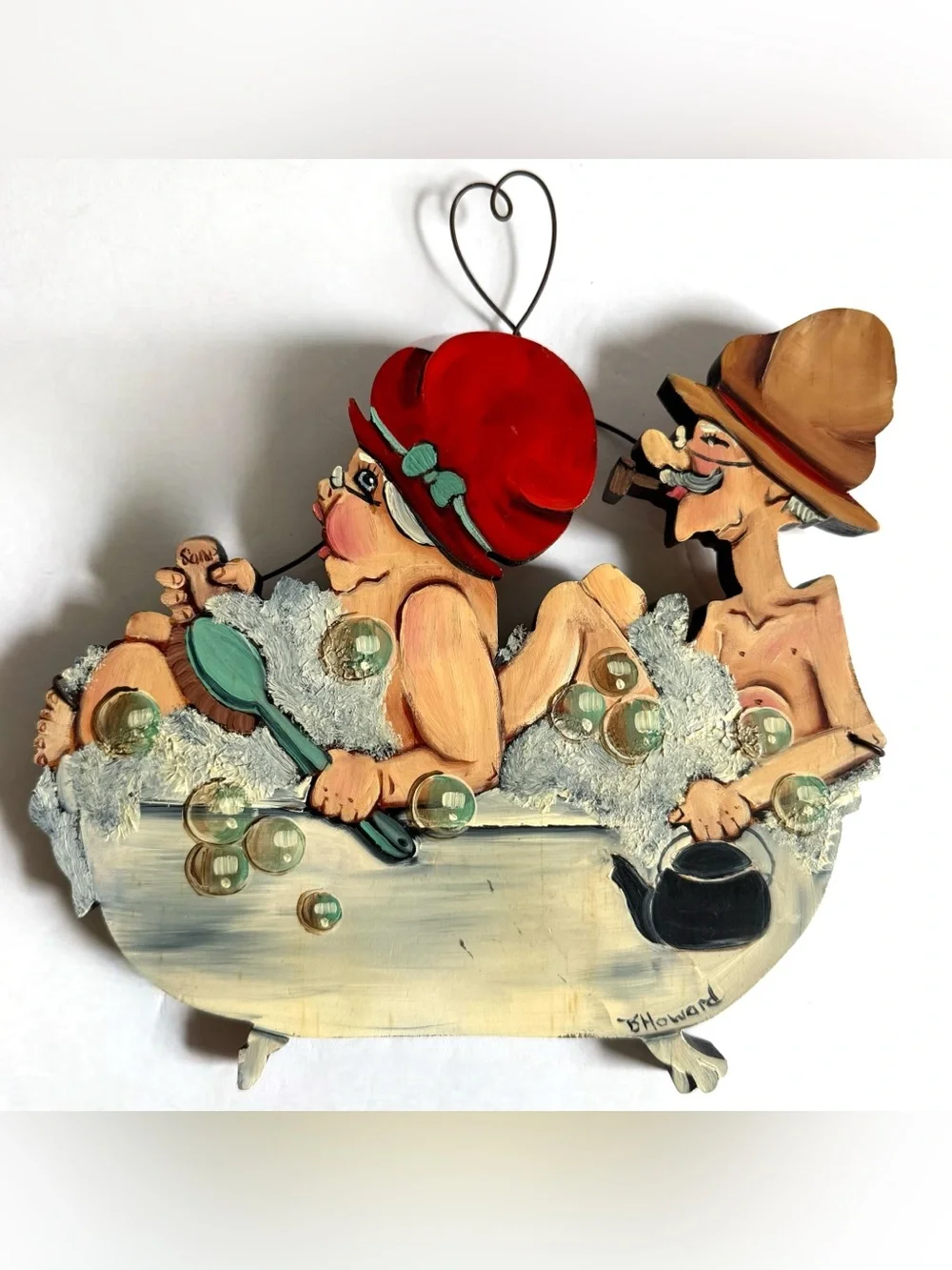 Vtg Handmade Wooden Bathroom Wall Hanging Whimsical Folk Art Old Couple Bathtub